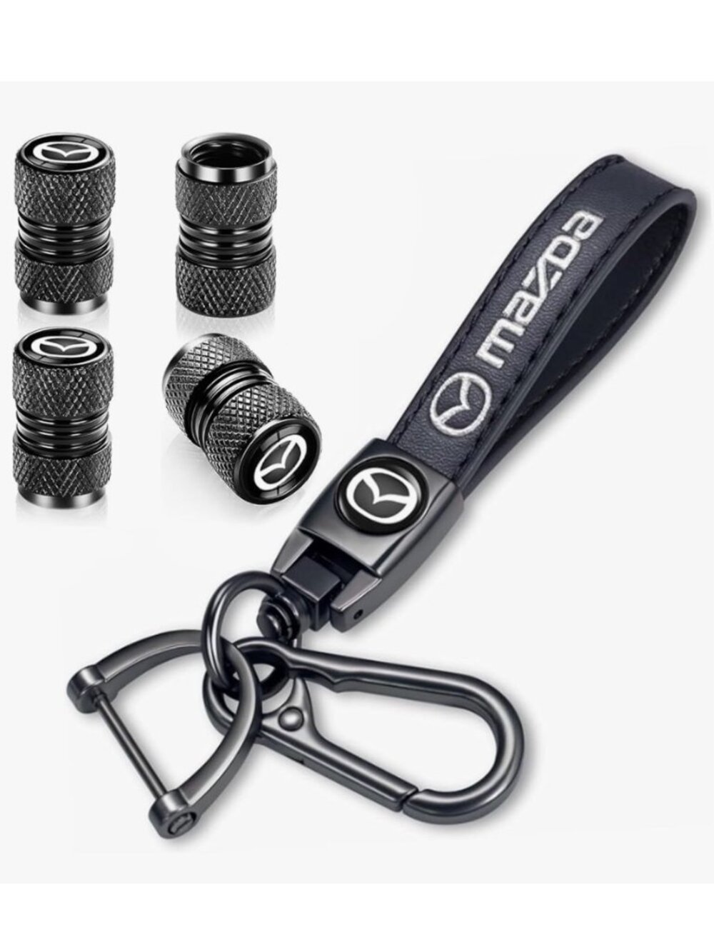 MAZDA Black Leather Keychain with 4 Valve Caps NEW